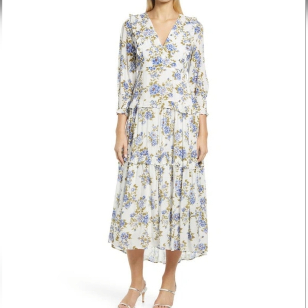 Anthropologie BTFL Life Midi Dress Lavender Floral Tiered‎ Long Sleeve